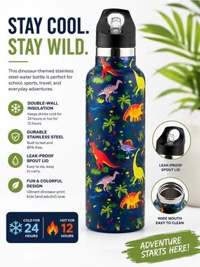 Kids Dinosaur Stainless Steel Water Bottle - Navy Blue